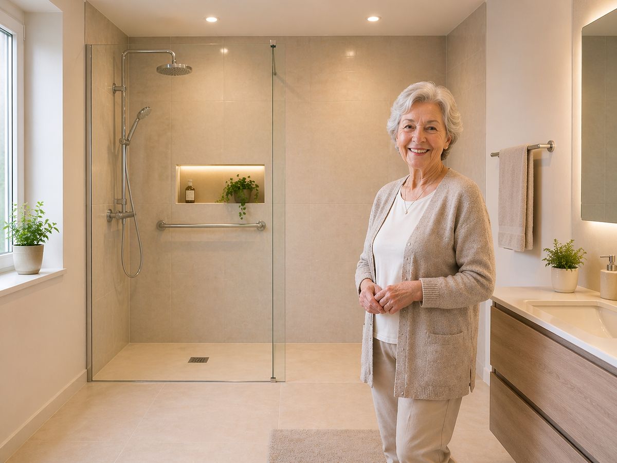 Seniorin in ihrer neuen ebenerdigen Dusche
