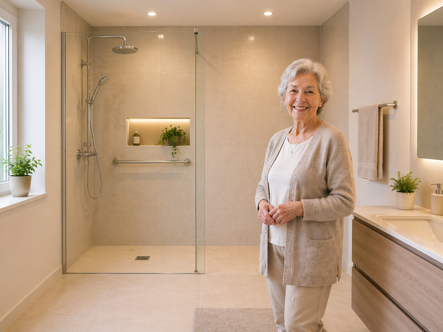 Seniorin in ihrer neuen ebenerdigen Dusche